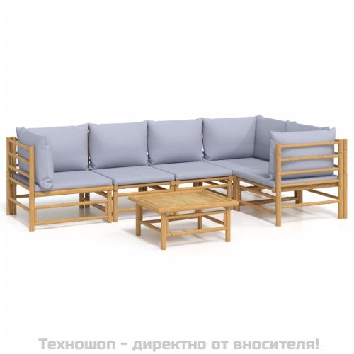 Градински лаундж комплект 6 части светлосиви възглавници бамбук
