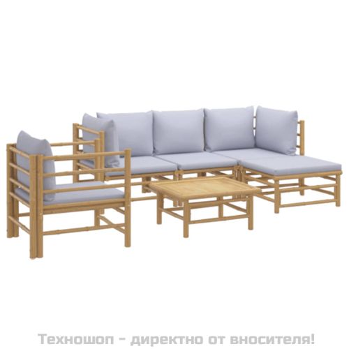 Градински лаундж комплект 6 части светлосиви възглавници бамбук