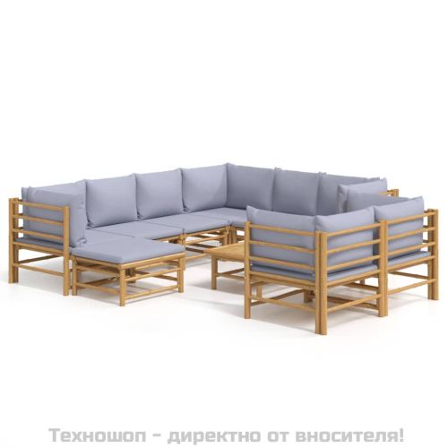 Градински лаундж комплект, 10 части, сиви възглавници, бамбук
