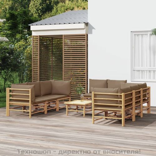 Градински лаундж комплект, 9 части, възглавници таупе, бамбук