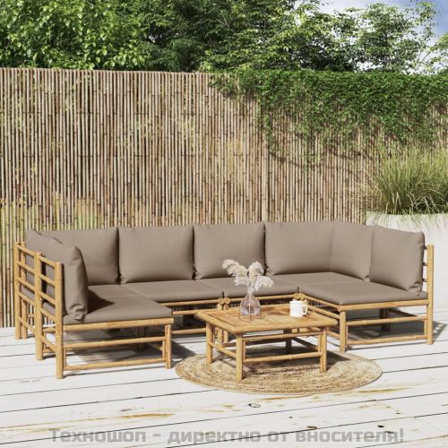 Градински лаундж комплект, 7 части, възглавници таупе, бамбук