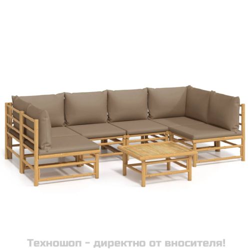 Градински лаундж комплект, 7 части, възглавници таупе, бамбук