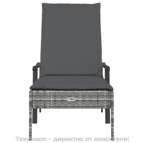 Шезлонг с възглавница, сив, полиратан