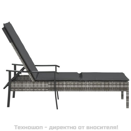 Шезлонг с възглавница, сив, полиратан