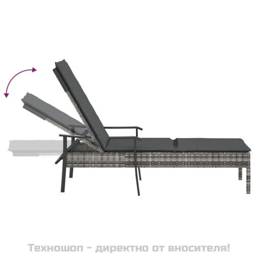 Шезлонг с възглавница, сив, полиратан