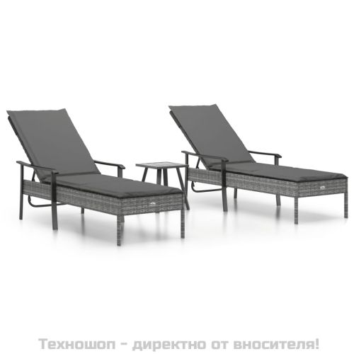 Шезлонги, 2 бр, с маса и възглавници, сив, полиратан
