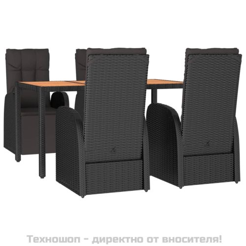 Градински трапезен комплект, 5 части, черен, полиратан и акация