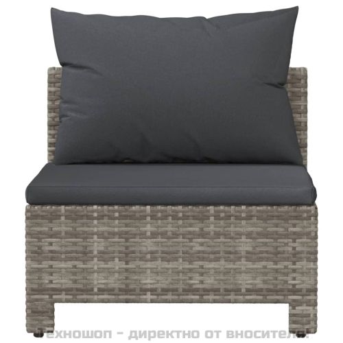 Градински среден диван с възглавница, сив, полиратан