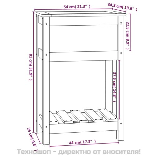 Плантер с рафт, бяла, 54x34,5x81 см, борово дърво масив