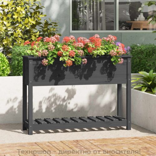 Плантер с рафт, сив, 111,5x34,5x81 см, борово дърво масив