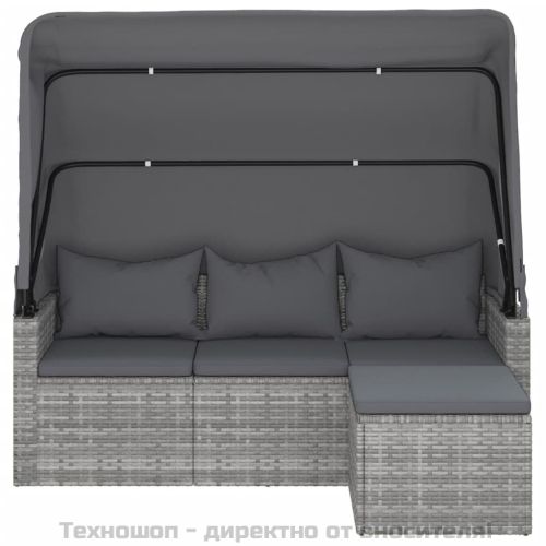 3-местен градински диван с покрив и табуретка, сив полиратан