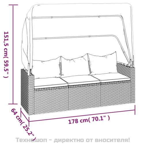 3-местен градински диван с покрив и табуретка, сив полиратан