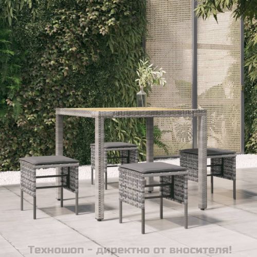 Градински табуретки с възглавници, 4 бр, сиви, полиратан