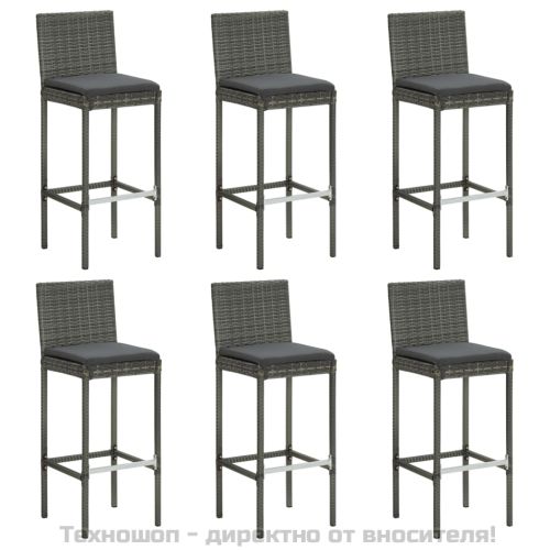 Бар табуретки с възглавници, 6 бр, сиви, полиратан