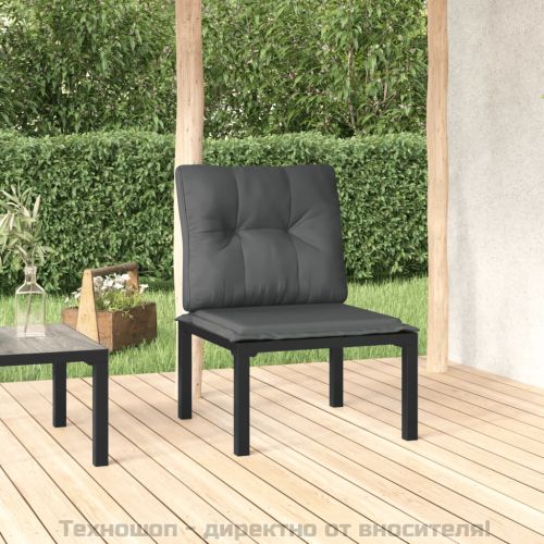 Градински стол с възглавници черен и сив полиратан