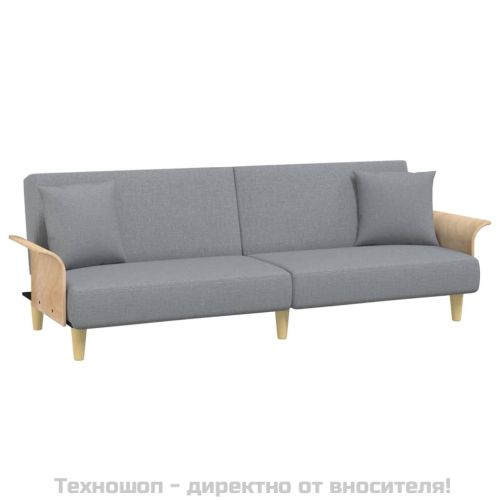 Разтегателно канапе с подлакътници, светлосиво, плат