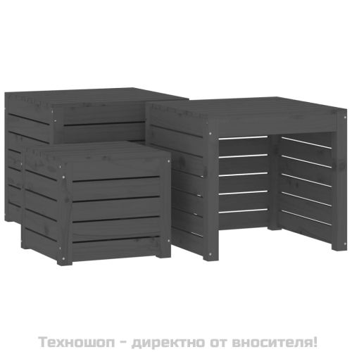 Комплект градински кутии от 3 части, сиви, масивно дърво бор