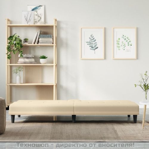 Разтегателен диван с поставки за чаши, кремав, плат