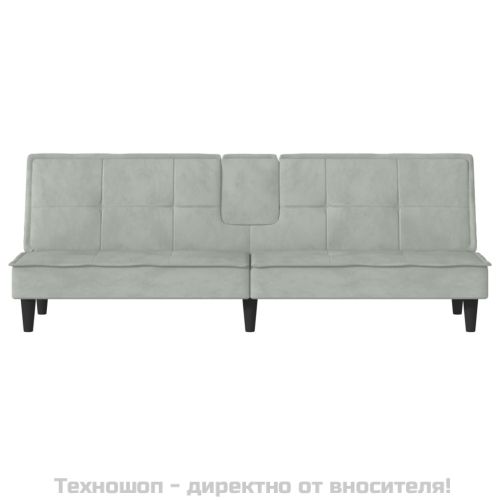 Разтегателен диван с поставки за чаши, светлосив, кадифе