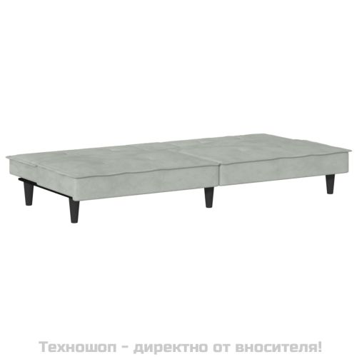 Разтегателен диван с поставки за чаши, светлосив, кадифе