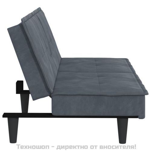 Разтегателен диван с поставки за чаши, тъмносив, кадифе