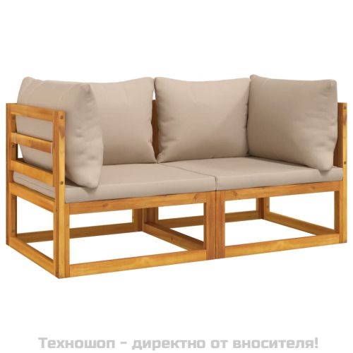 Модулен ъглов диван, 2 части, възглавници таупе, акация масив