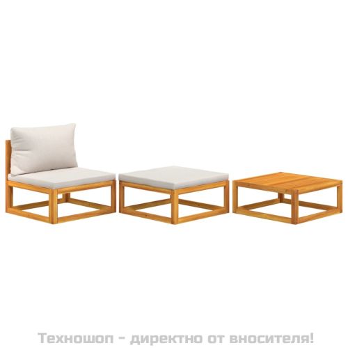 Градински лаундж комплект с възглавници, 3 части, акация масив