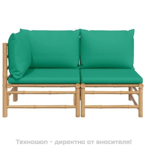 Градински лаундж комплект със зелени възглавници 2 части бамбук