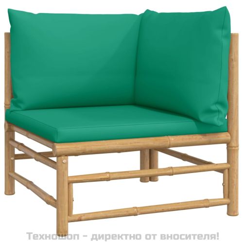Градински лаундж комплект със зелени възглавници 2 части бамбук