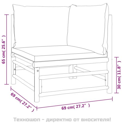 Градински лаундж комплект със зелени възглавници 2 части бамбук