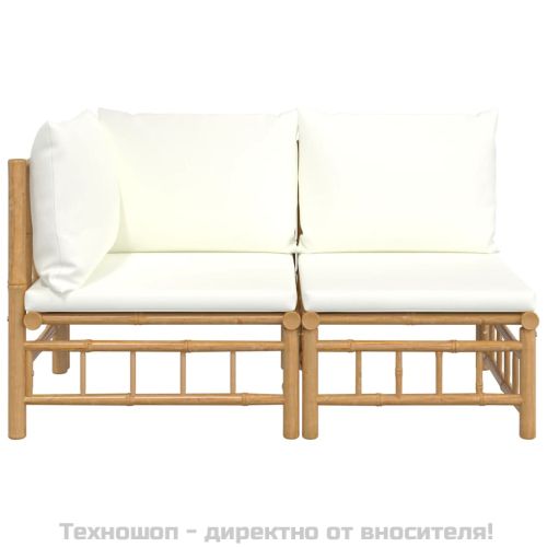 Градински лаундж комплект с кремави възглавници 2 части бамбук