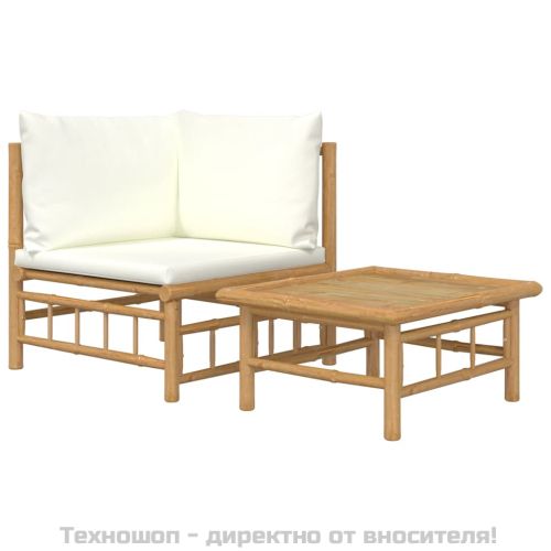 Градински лаундж комплект с кремави възглавници 2 части бамбук