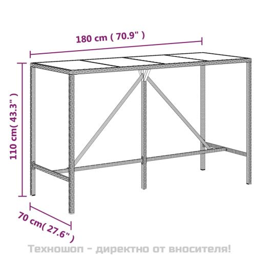 Бар маса със стъклен плот, черна, 180x70x110 см, полиратан