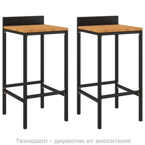 Бар табуретки, 2 бр, черни, полиратан и акациево дърво масив