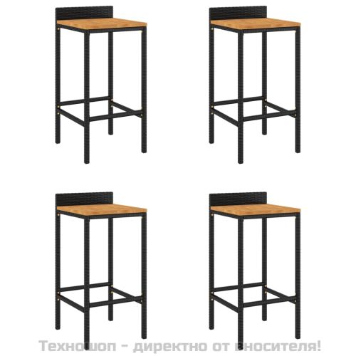 Бар табуретки, 4 бр, черни, полиратан и акациево дърво масив
