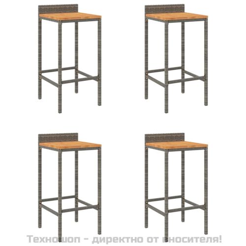 Бар табуретки, 4 бр, сиви, полиратан и акациево дърво масив
