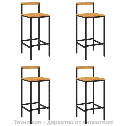 Бар табуретки, 4 бр, черни, полиратан и акациево дърво масив