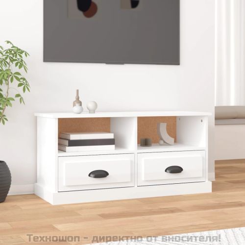 ТВ шкаф бял гланц 93x35,5x45 см инженерно дърво