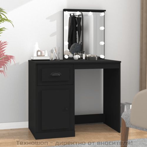 Тоалетка с LED, черно, 90x50x132,5 см, инженерно дърво