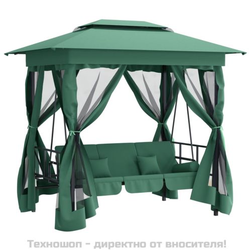 Градинска беседка с люлееща се пейка, зелен плат и стомана