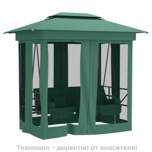 Градинска беседка с люлееща се пейка, зелен плат и стомана