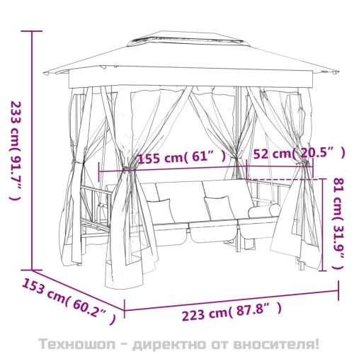 Градинска беседка с люлееща се пейка, зелен плат и стомана