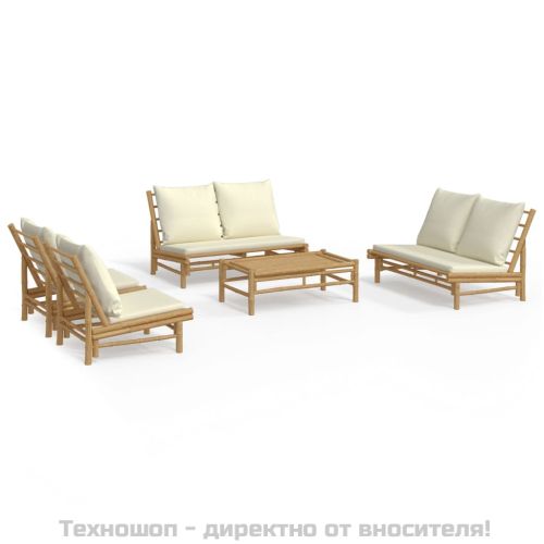 Градински лаундж комплект с кремави възглавници 5 части бамбук