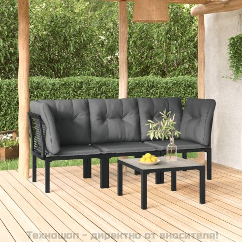 Градински лаундж комплект 4 части черно и сиво полиратан