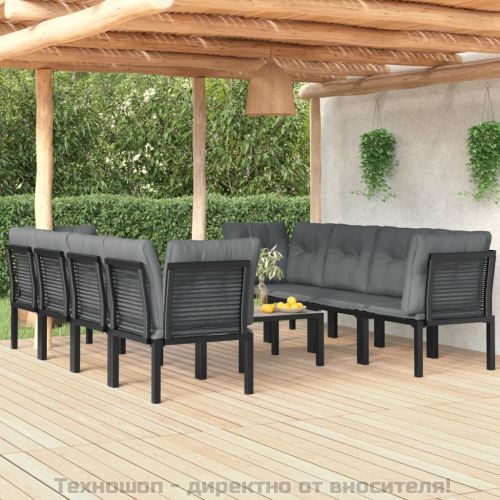 Градински лаундж комплект, 9 части, черно и сиво, полиратан