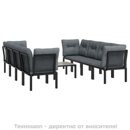 Градински лаундж комплект, 9 части, черно и сиво, полиратан
