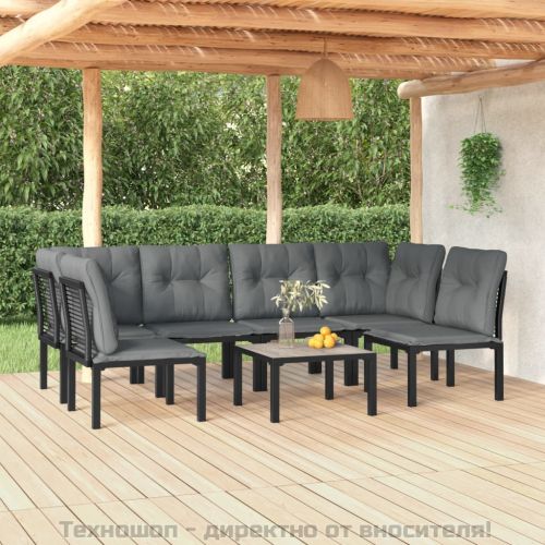 Градински лаундж комплект от 7 части, черно и сиво, полиратан