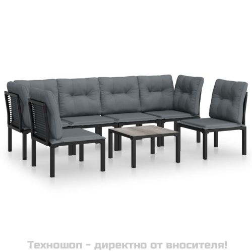 Градински лаундж комплект от 7 части, черно и сиво, полиратан