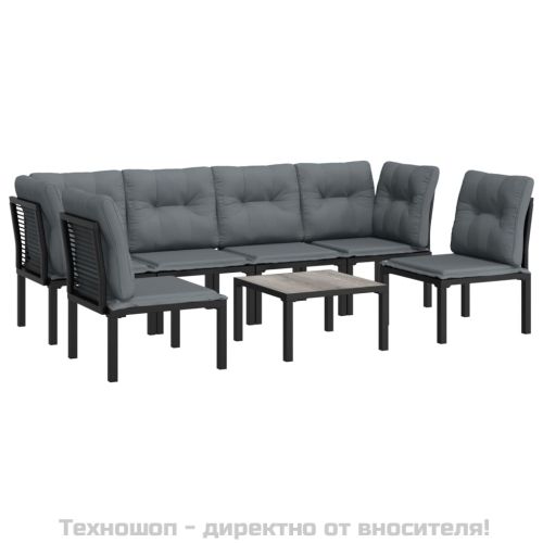 Градински лаундж комплект от 7 части, черно и сиво, полиратан