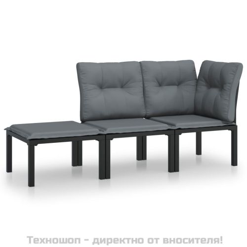 Градински лаундж комплект 3 части черно и сиво полиратан